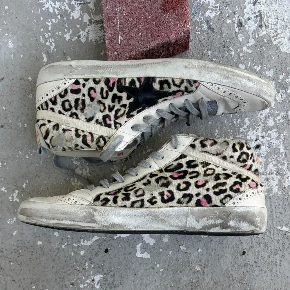 Rare distressed leopard print pony hair golden goose mid star